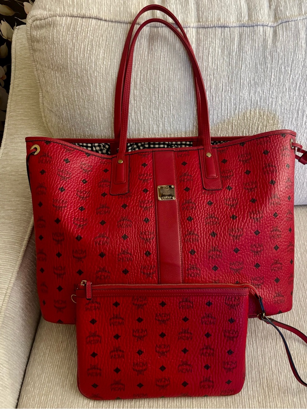 MCM Liz Large Reversible Shopper Tote Ruby Red Visetos Gingham